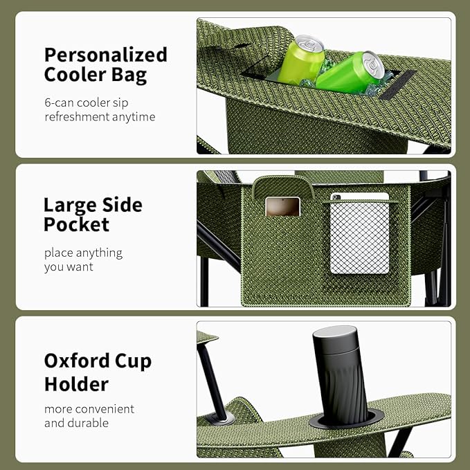 Heavy Duty Folding Chair 500LB Capacity, Oversized Camping Chairs with Cup Holder, Cooler Bag &