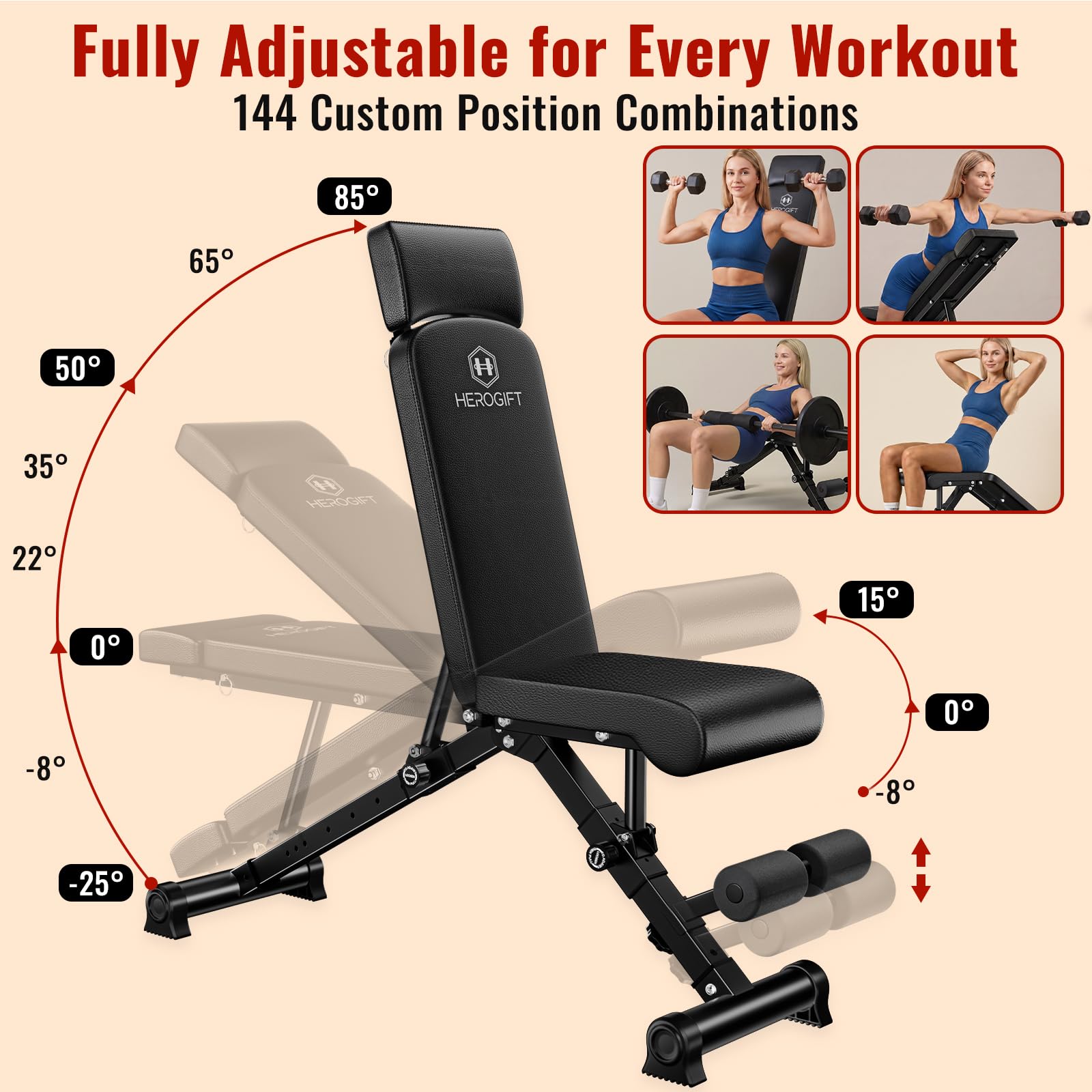 HEROGIFT Adjustable Weight Bench, 600 LB Capacity with Headrest