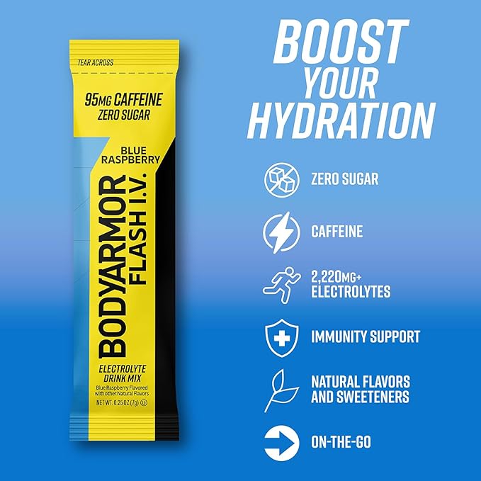 BODYARMOR Caffeinated Flash I.V. Electrolyte Packets Blue Raspberry - Zero Sugar Energy Drink Mix