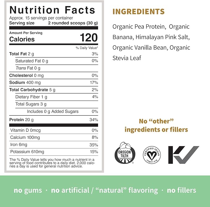 Sprout Living Organic Pea Protein Powder, Vanilla Flavor, 20 Grams of Plant Based Organic Protein
