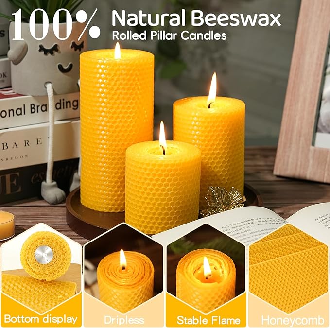 3 Pack Natural Beeswax Pillar Candles,2.8x6in Handmade Beeswax Rolled Candles,129 Hours Long