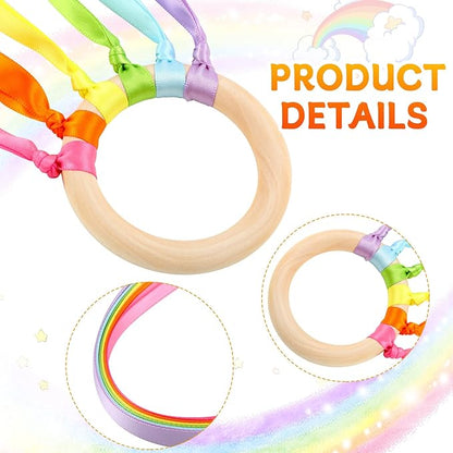 Junkin Ribbon Rings Hand Kite Waldorf Toys Dancing Wrist Ribbons Rainbow Streamers with Wood Ring
