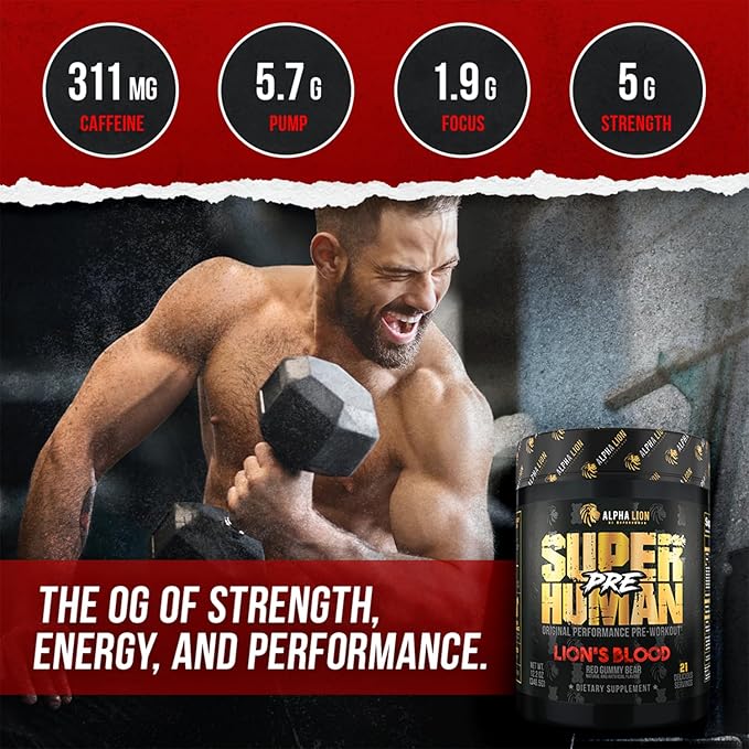 ALPHA LION Pre Workout Powder, Beta Alanine, L-Taurine & Tri-Source Caffeine for Sustained Energy &