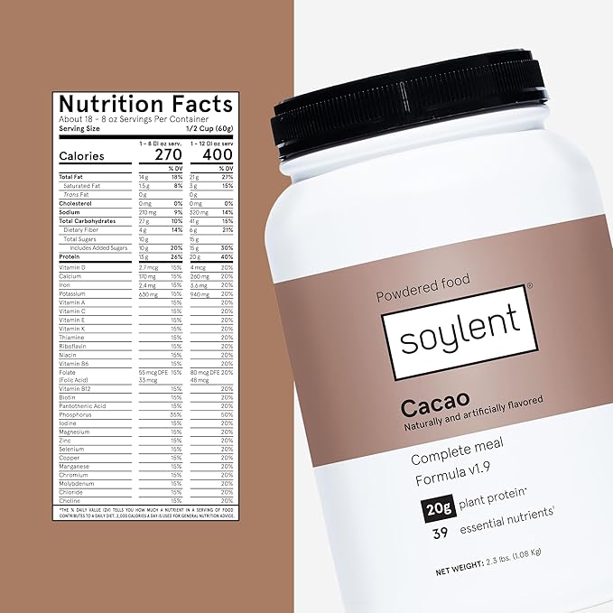 Soylent Complete Nutrition Meal Replacement Protein Powder, Cacao - Plant Based Vegan Protein, 39