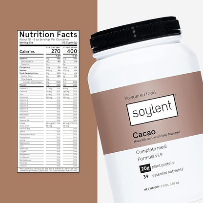 Soylent Complete Nutrition Meal Replacement Protein Powder, Cacao - Plant Based Vegan Protein, 39
