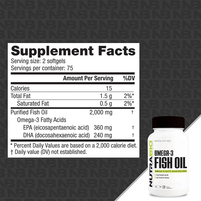 NutraBio Omega 3 Fish Oil Supplements, 2,000mg, 150 Softgels - EPA DHA Omega 3 Fatty Acid
