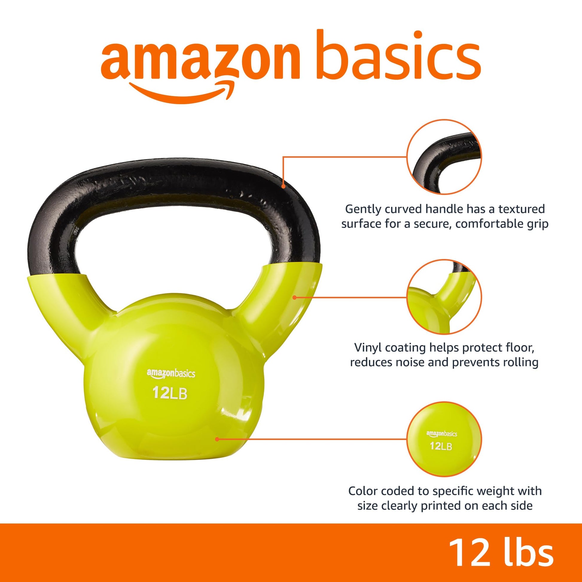 Amazon Basics Vinyl Coated Cast Iron Kettlebell for Training, 12 Pounds, Wide Handle, Home Workout