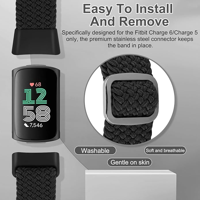 Braided Band Compatible with Fitbit Charge 6/Fitbit Charge 5, Soft Nylon Solo Loop Adjustable