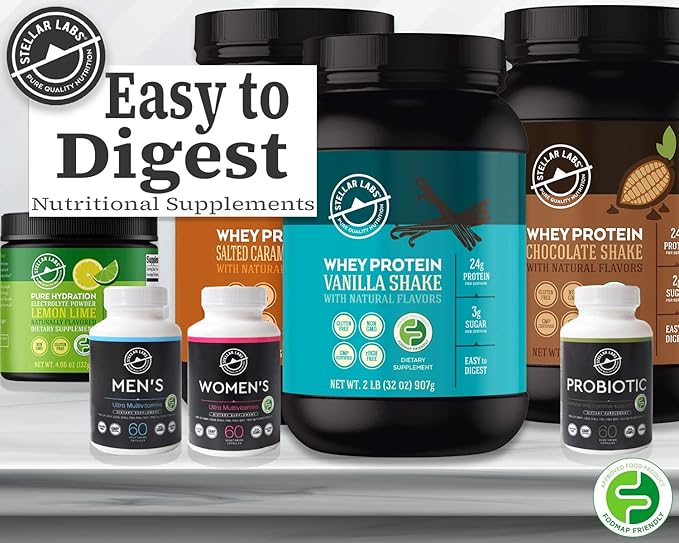 Stellar Labs Whey Protein Powder with BCAA's & Whey Isolate | Certified Low FODMAP, Non GMO, Gluten