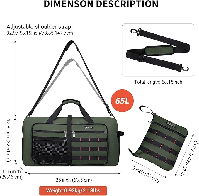 WITZMAN Foldable Duffle Bag for Travel 65L Lightweight Packable Duffel Bag with Shoes Compartment