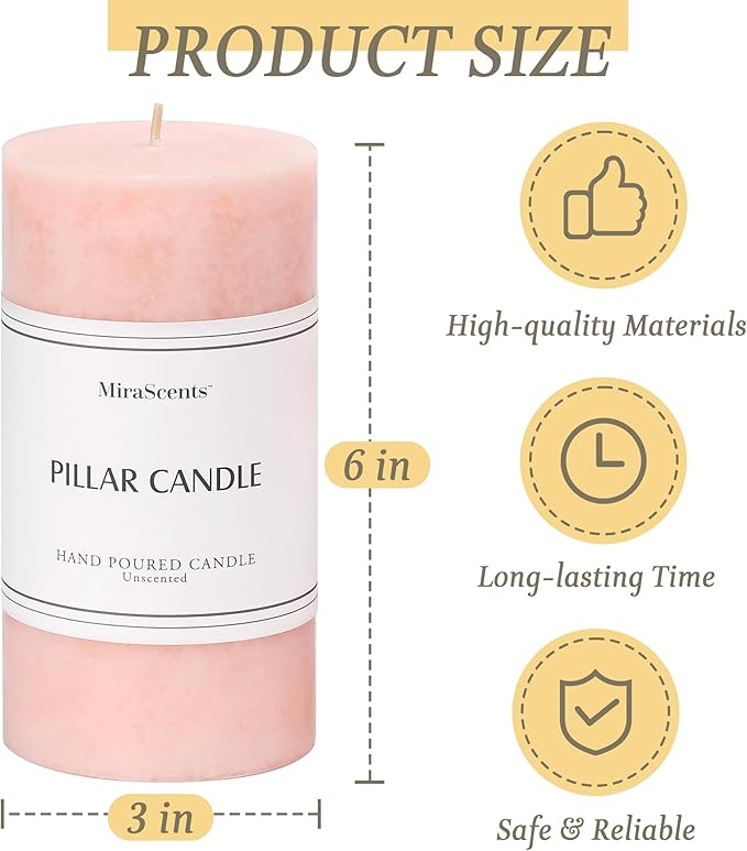 3x6 inch Pink Pillar Candles Set of 3, Unscented Pillar Candle, Dripless and Smokeless Large