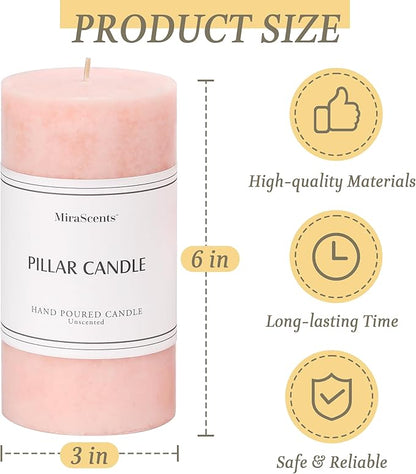 3x6 inch Pink Pillar Candles Set of 3, Unscented Pillar Candle, Dripless and Smokeless Large
