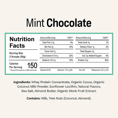 Rise Grass-Fed Whey Protein Powder - Mint Chocolate | 25g Protein No Artificial Flavors, Colors, or