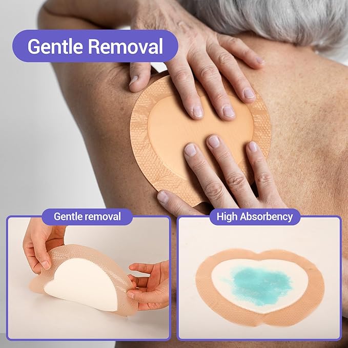 Silicone Sacrum Foam Dressing 7" x 7" with Border, High Absorbency Wound Bandage, Gentle Adhesion