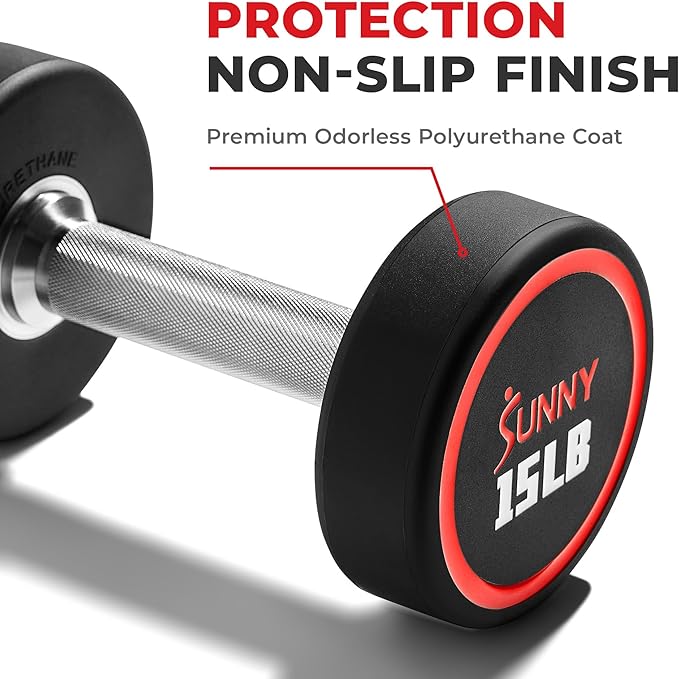 Sunny Health & Fitness Premium Polyurethane Commercial Grade Round Dumbbells with Diamond Knurled