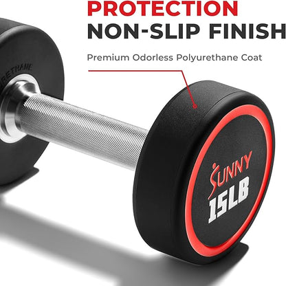 Sunny Health & Fitness Premium Polyurethane Commercial Grade Round Dumbbells with Diamond Knurled