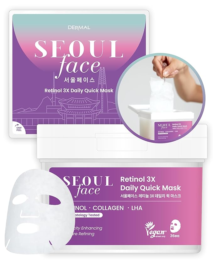 DERMAL Seoul Face Retinol 3X Daily Quick Mask 36 Sheet ??Korean Skincare Vegan Tencel Facial Masks