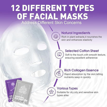 24 Pack Sheet Hydrating Face Masks Skincare, Soothing & Moisturizing Face Mask for All Skin Types