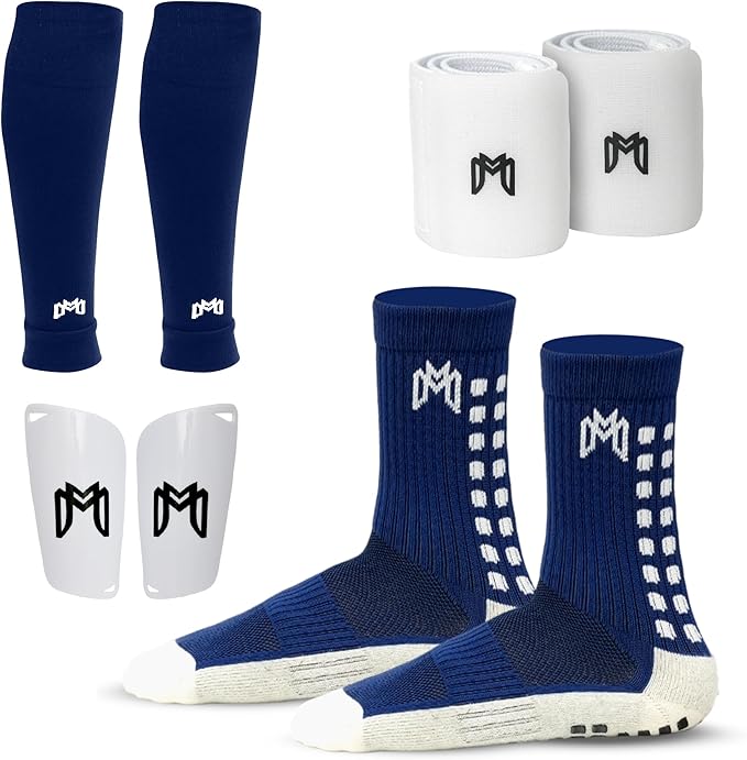 Soccer Grip Socks, Shin Guards, Pre Cut Sock Sleeves, and Guard Straps Bundle Pack - Essential