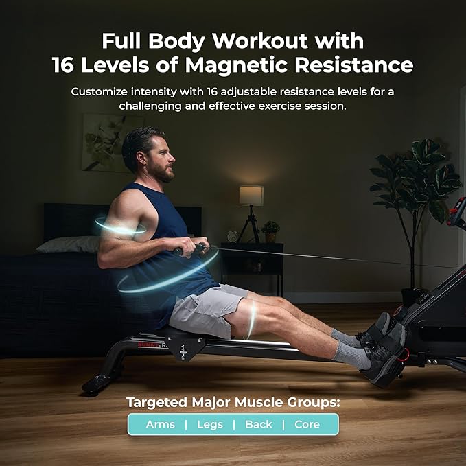 Sunny Health & Fitness Magnetic Rowing Machine for Home Exercise, Quiet & Smooth Rower with Compact