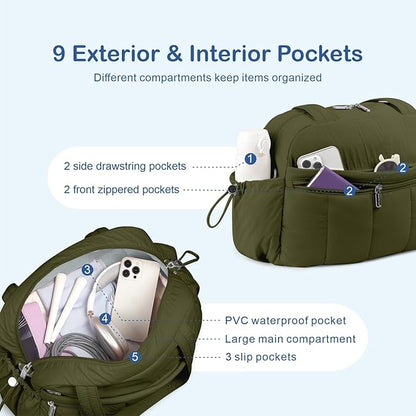TOPDesign Travel Duffel Bag for Women, Puffer Gym Bag Sports Tote with Wet Pocket, Carry On
