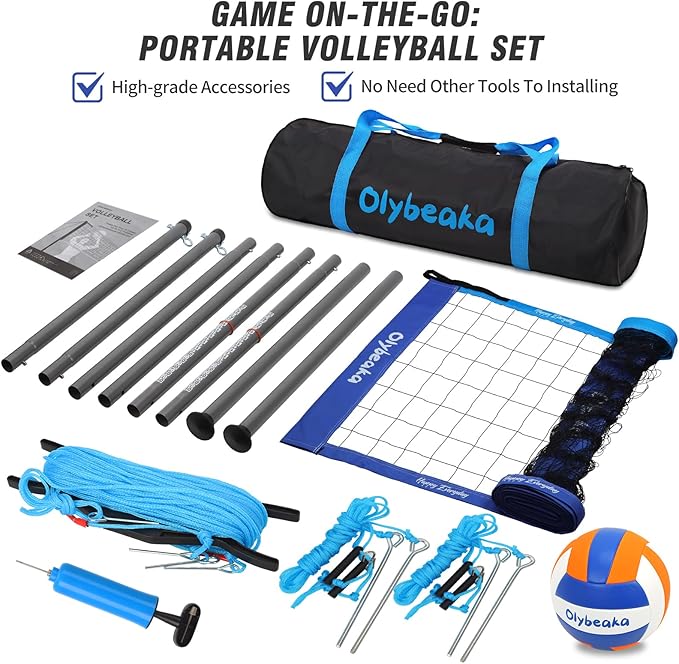 Outdoor Portable Volleyball Net Set for Backyard Beach with Adjustable Heavy Duty Poles, Durable