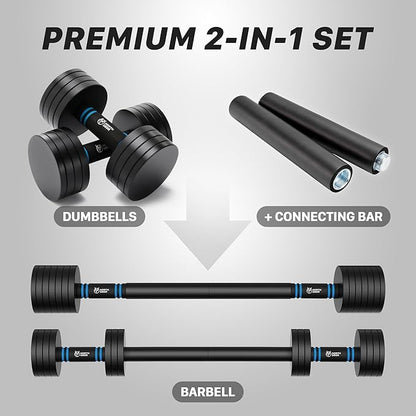 Northdeer V2.0 Upgraded Adjustable Steel Dumbbells 40LB / 60LB - 2 in 1 Dumbbell Barbell Set for