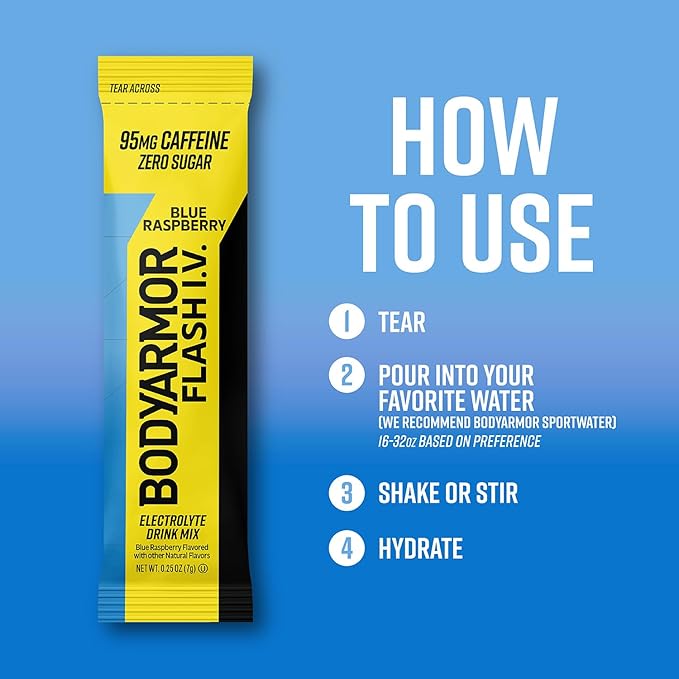 BODYARMOR Caffeinated Flash I.V. Electrolyte Packets Blue Raspberry - Zero Sugar Energy Drink Mix
