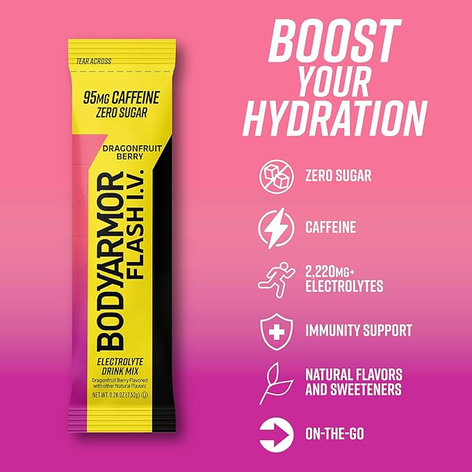 BODYARMOR Caffeinated Flash I.V. Electrolyte Packets - Dragonfruit Berry - Zero Sugar Energy Drink