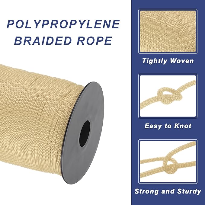 MECCANIXITY 1/8 Inch Polypropylene Rope Braided Ropes, 328ft Nylon Rope Hollow Utility Cord for
