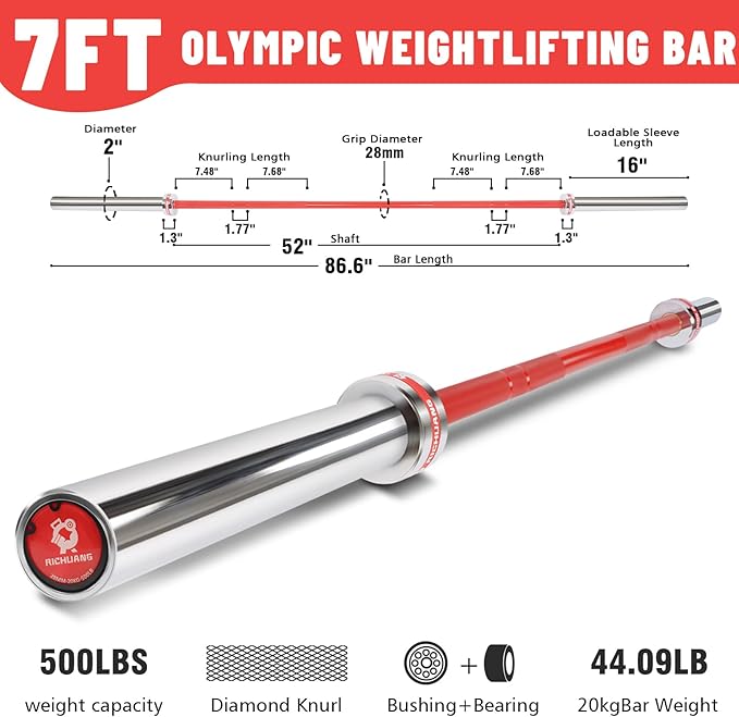 7ft Olympic Barbell, Weightlifting Barbell 28mm 45lb - 500/700/1000lbs Capacity with Smooth