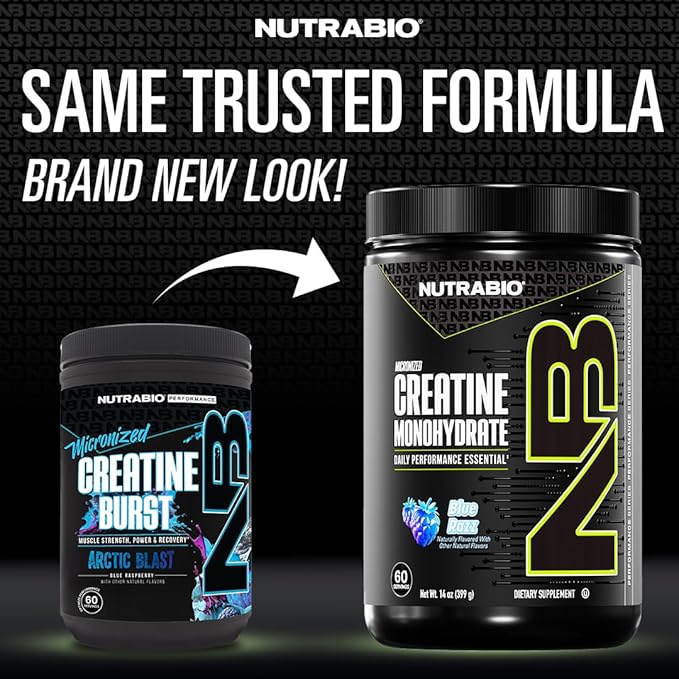NutraBio Pure Micronized Creatine Monohydrate Powder Supplement, Blue Razz Burst(300 g) - Supports