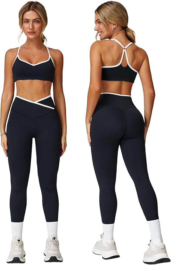 ABOCIW Workout Sets for Women 2 Piece Color Block Strappy Sports Bra High Waist Leggings Gym Yoga
