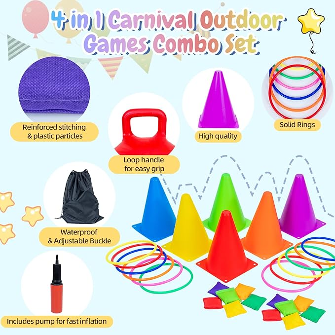 35PCS 4 in 1 Carnival Outdoor Games Combo Set for Kids, Soft Plastic Cones Bean Bags Ring Toss