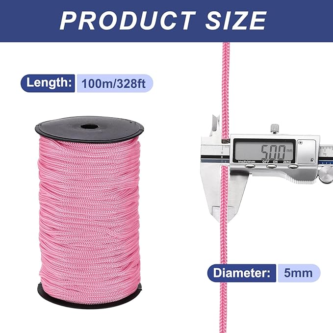 MECCANIXITY 3/16 Inch Polypropylene Rope Braided Ropes, 328ft Nylon Rope Hollow Utility Cord for