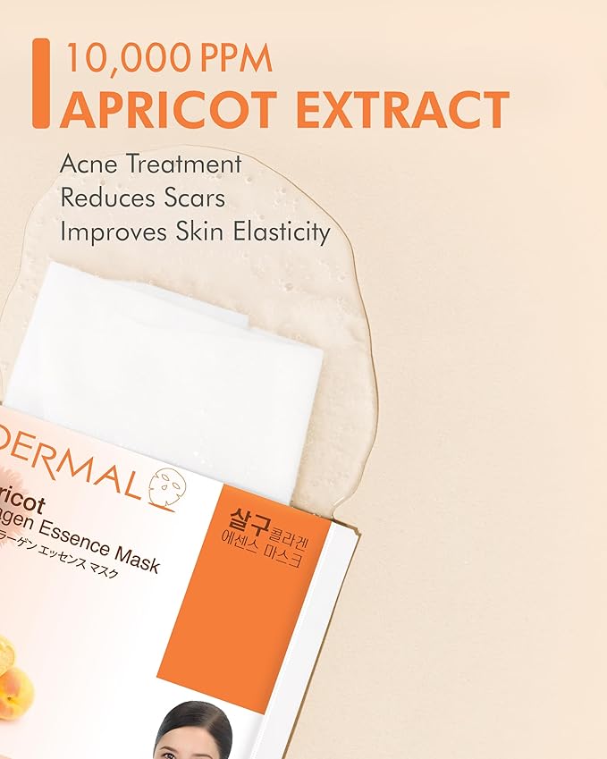 DERMAL Apricot Collagen Essence Korean Facial Mask Sheet Pack of 10 - Nourishing, Revitalizing