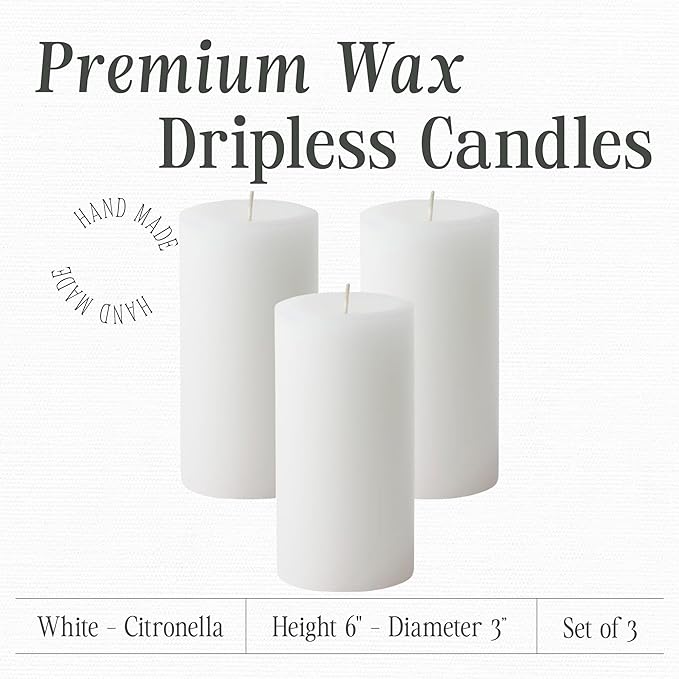 Mister Candle Citronella Candles, Ideal for Outdoor & Indoor, 3x6 Pillar Candles Set of 3, Hand