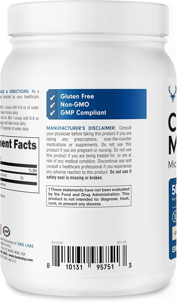 Bucked Up Pure Micronized Creatine Monohydrate for Women and Men - Easy to Mix and Unflavored - 5G