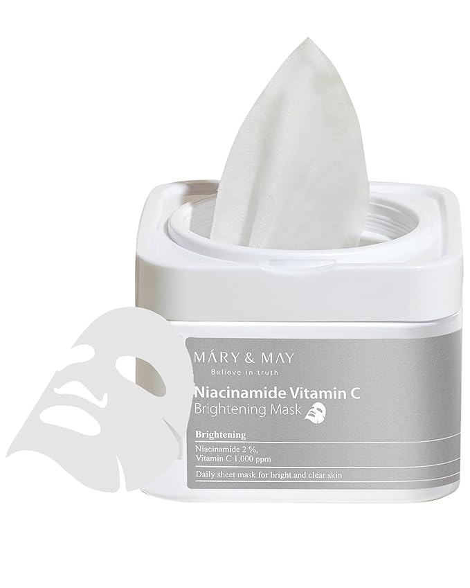 Mary&May Niacinamide Vitamin C Mask | 30 Sheets | Daily Korean Face Mask | Hydrates, Boosts