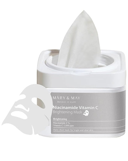 Mary&May Niacinamide Vitamin C Mask | 30 Sheets | Daily Korean Face Mask | Hydrates, Boosts