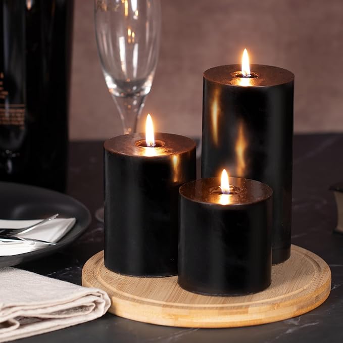 KONNI Black Pillar Candles Set of 3, 3"x 6" Unscented Pillar Candles Bulk, 56 Hours Long Burning