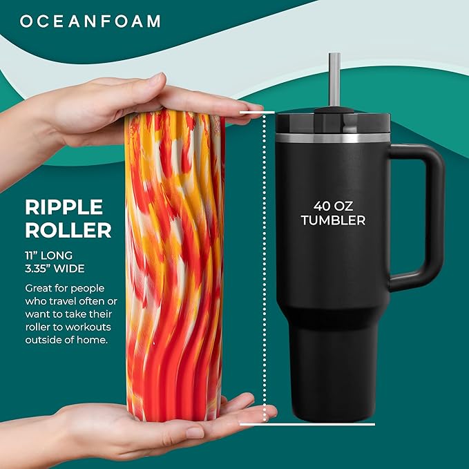 Oceanfoam Ripple Travel Foam Roller (11" x 3.35") Firm Mini Foam Roller for Physical Therapy, Deep