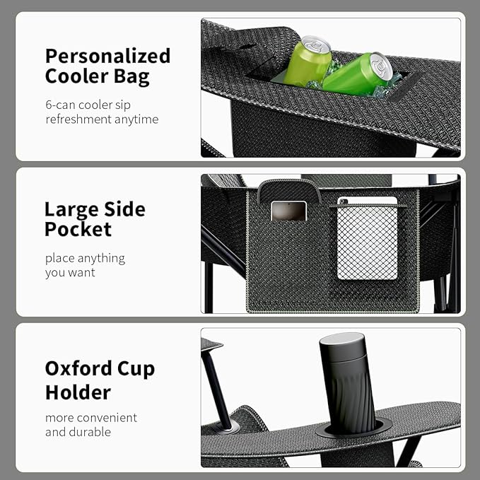 Heavy Duty Folding Chair 500LB Capacity, Oversized Camping Chairs with Cup Holder, Cooler Bag &