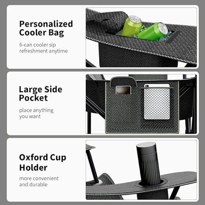 Heavy Duty Folding Chair 500LB Capacity, Oversized Camping Chairs with Cup Holder, Cooler Bag &