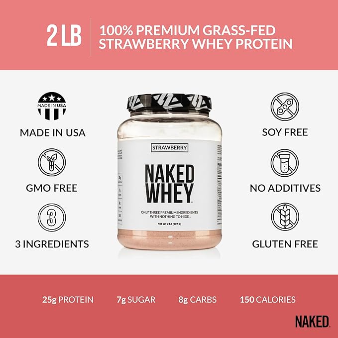 NAKED Strawberry Whey Protein Powder, Only 3 Ingredients, 25g Grass Fed Whey Protein Powder, Aid