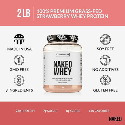 NAKED Strawberry Whey Protein Powder, Only 3 Ingredients, 25g Grass Fed Whey Protein Powder, Aid