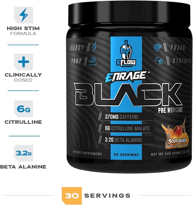eFlow Nutrition Enrage Black High Stimulant Pre Workout Supplement - Preworkout Powder to Boost