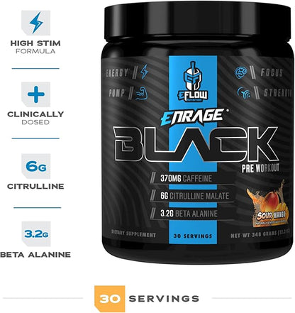 eFlow Nutrition Enrage Black High Stimulant Pre Workout Supplement - Preworkout Powder to Boost