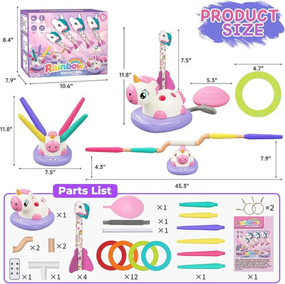 3-in-1 Outdoor Toys for Kids Ages 3-8, Unicorn Rocket Launcher, Ring Toss & Musical Jump - Backyard
