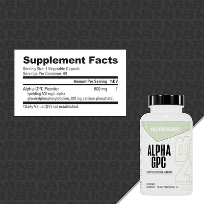 NutraBio Alpha GPC, Brain Support & Improved Memory Function, 300mg - 60 Vegetable Capsules